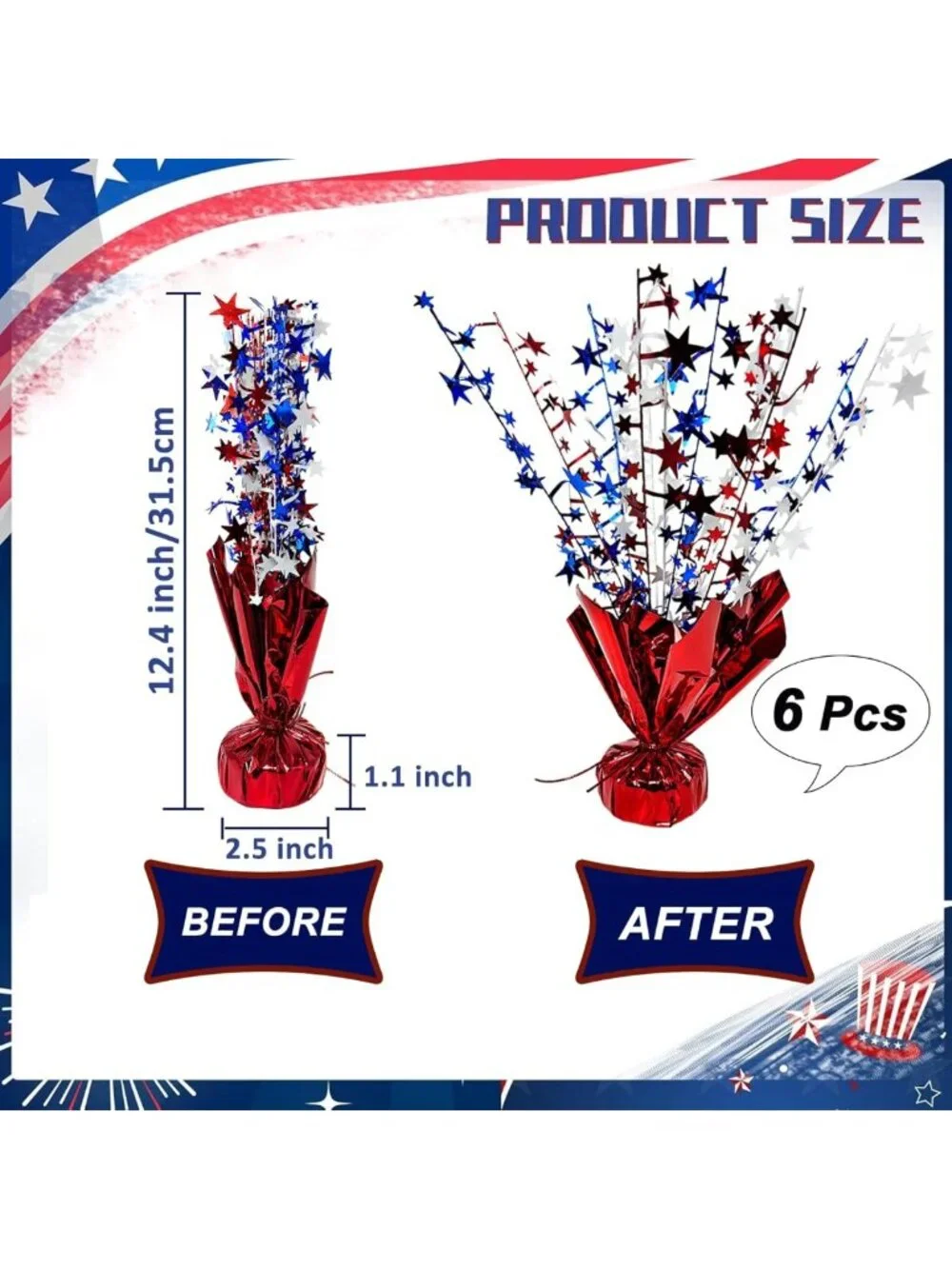 6 Pack Patriotic Table Centerpiece Decorations - Metallic Star Burst for 4th of